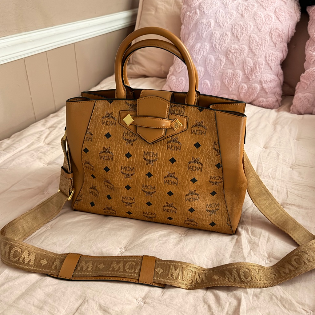 Mcm Cognac/Gold Visetos Logo Satchel With Detachable Strap